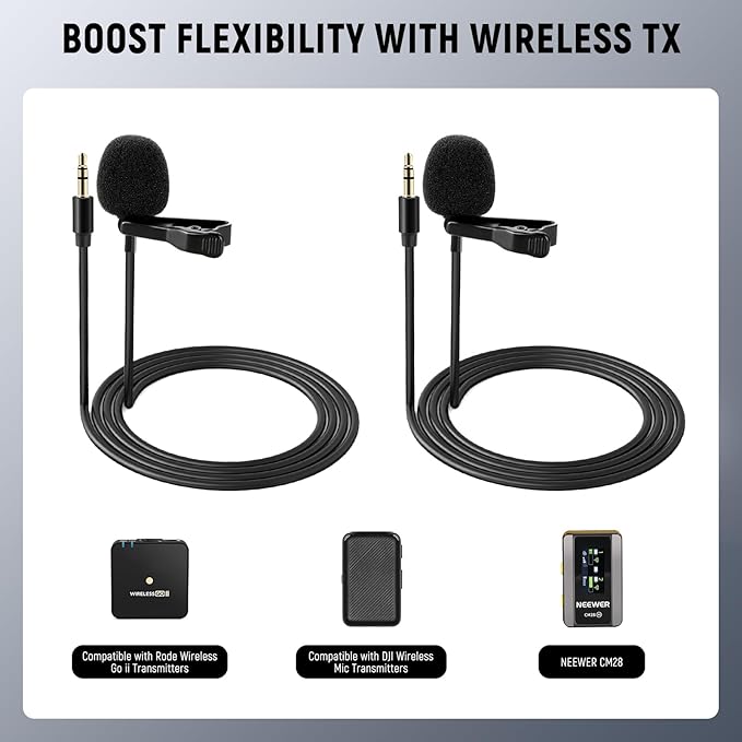 NEEWER 2 Pack Lavalier Lapel Microphone Compatible with DJI Wireless Mic Transmitters Rode Wireless GO II 2, Omnidirectional Condenser Wired Clip On Lav Mics for Stage YouTube Live Streaming, CM5