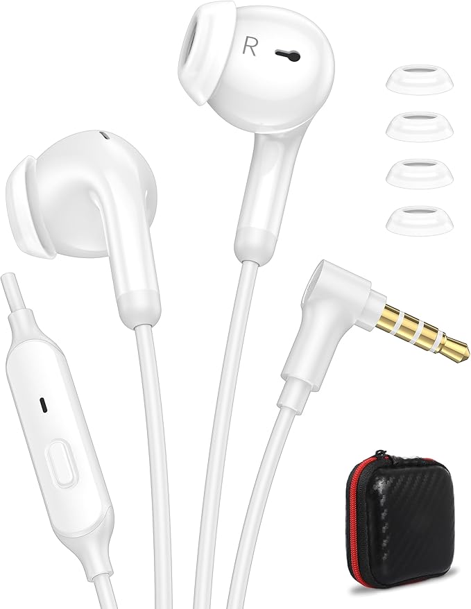 Wired Earbuds with Carrying Case, 3.5mm Jack Plug and Play in Ear Buds Corded Headphones with Microphone for School Class PC Computer Laptop for Chromebook Wire Aux Earphones Cord Headset White