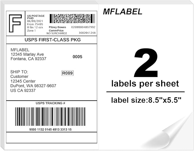 MFLABEL Half Sheet Label Laser/Ink Jet Shipping Label 8.5 x 11 Inches Packaging Labels, Address Labels for Laser & Inkjet Printers, 1200 Count(600 Sheets)