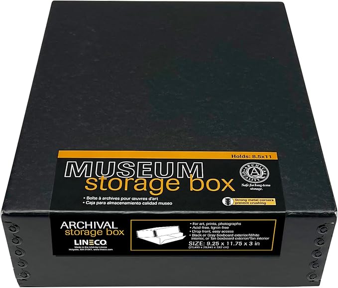Lineco Museum Archival Storage Box, Drop Front Design with Metal Edges Removable Lid, 8.5 X 11 X 3 inches Acid-Free Photo Album Case, Preserve Prints Pictures, Magazine, Documents, Artworks, Black