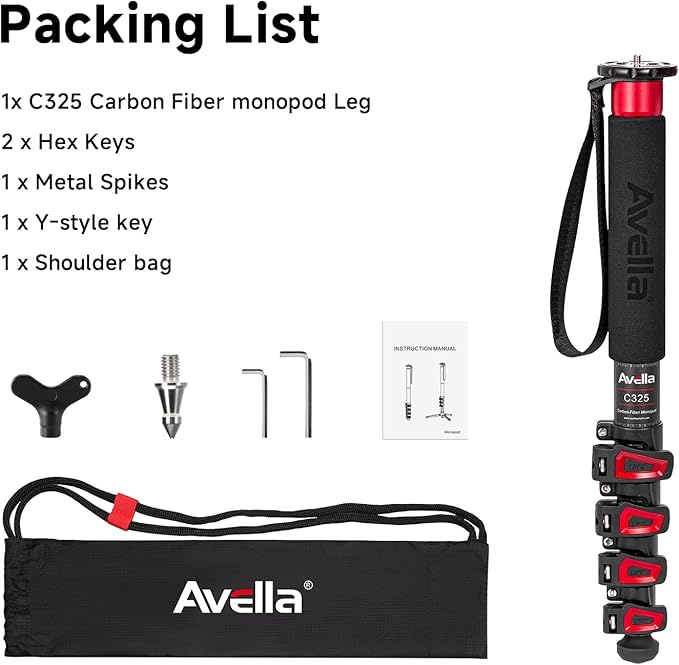 Avella C325 58 Inch Carbon Fiber Camera Monopod Professional Telescopic Monopods for Canon Nikon Sony Olympus Panasonic DSLR Camera Black