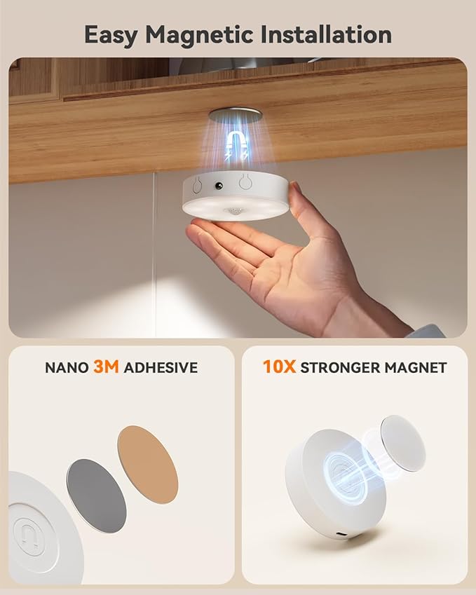 Puck Lights with Remote Control, Rechargeable Under Cabinet Lighting, 3 Color Temps, 12 RGB Color LED Motion Sensor Lights Wireless, Dimmable Tap Lights for Closet, Kitchen, Shelf, Stair