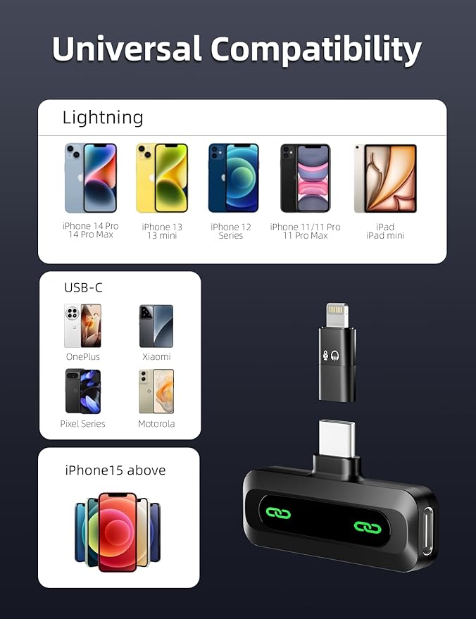 Wireless Lavalier Microphone for iPhone, iPad, USB-C, 2 PCS Tiny Lapel Mic with Adapter, Bluetooth TikTok, Social Media Microphones for Vlogging, Recording Filming Blogger