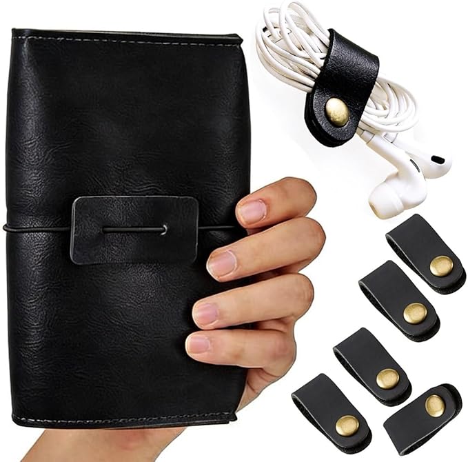 Vintage leather Electronic organizer travel case,cord keeper travel pounch, charger shortage for essentials mouse, adapter, cables,Cable Straps,Earbud case,wrap (black leather with band & Organizer)