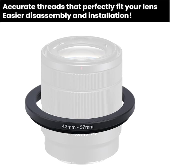 Metal Step Down Ring Filter Adapter - 43mm to 37mm - Metal Ring Step Down Rings Adapter Filter Compatible with All 37mm UV, CPL, ND, Lens Hood, Threaded Lens ect