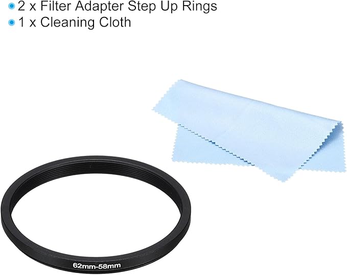 PATIKIL 62mm-58mm Metal Step Down Ring with Cleaning Cloth, 2 Pack Camera Lens Filter Adapter Ring Aluminum Filter Adapter Ring for Camera Lenses Hood, Black