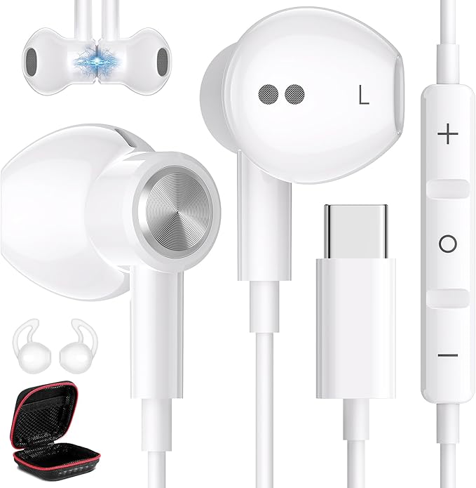 USB C Headphones for iPhone 17 Air 16 Pro Max 15, Type C Earphones with Microphone Magnet HiFi Stereo Wired Earbuds for Samsung Galaxy S26 S25 Ultra S24+ 23 A53 S21 S20 FE Flip 7 Fold/Pixel 10, White