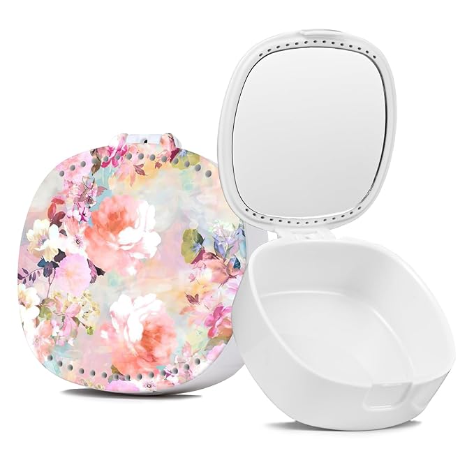 Retainer Case, Denture Case Night Guard Mouth Guard With Mirror and Ventilation Holes,Pink Flower