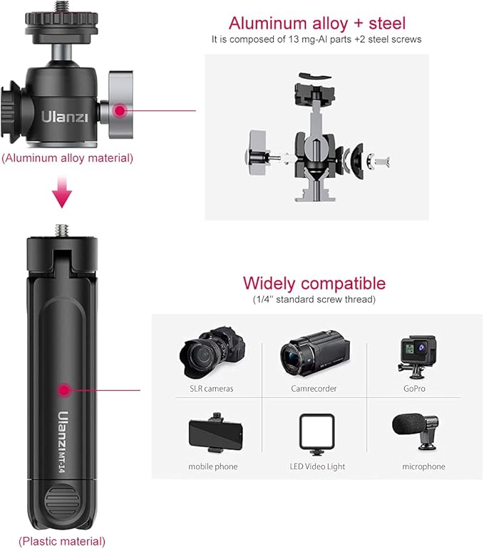 ULANZI Mini Camera Tripod with 360° Ball Head & Cold Shoe, Extendable Small Selfie Stick Tabletop Tripod Stand Handle Grip for Camera iPhone 11 Canon G7X Mark III Sony ZV-1 RX100 VII A6600 Vlogging