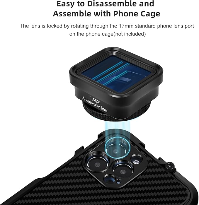 Andoer Anamorphotic Film Lens for Mobile Phones 1.55X Deformation Film Lens Phone Film Lens with Universal Lens Clips Carrying Case Replacement for iPhone 15/14/13/12/11