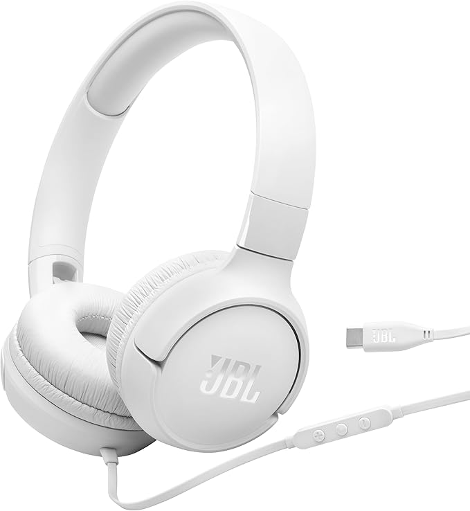 JBL Tune 520C - USB-C Wired on-Ear Headphones with Hi-Res Audio Support, JBL Pure Bass Sound, Comfort fit, USB-C connectivity, 3-Button Remote with Microphone and EQ presets Control (White)