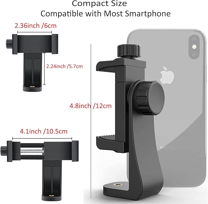 Cell Phone Tripod Mount Adapter, Universal Phone Holder Adjustable Clamp, 360 Degree Rotatable Bracket 1/4" Screw Clip for iPhone, Samsumg, Selfie Stick, Monopod (Black-1 Pack)