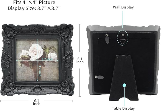 CISOO 4x4 Vintage Small Picture Frame, Antique Ornate Black Square Photo Frame, for Table Top and Wall Display, Decorative Floral Design Retro Home Decor, Photo Gallery Art