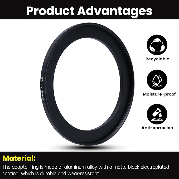 Metal Step Up Ring Filter Adapter - 67mm to 82mm - Metal Ring Step Up Rings Adapter Filter Compatible with All 82mm UV, CPL, ND, Lens Hood, Threaded Lens ect