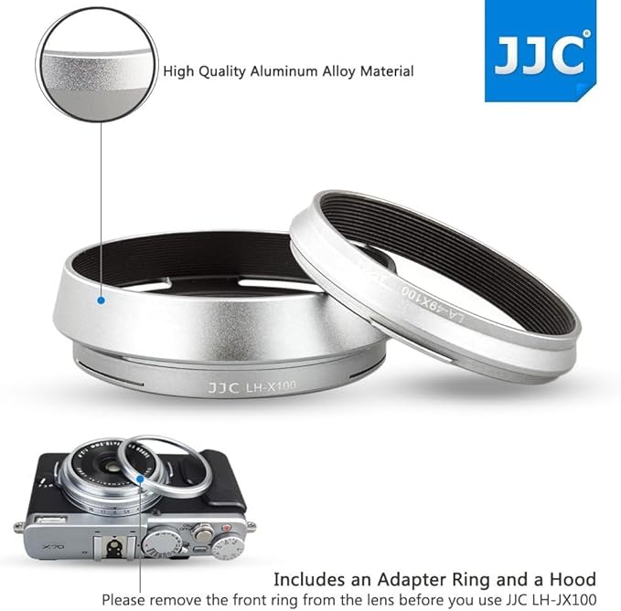 JJC Metal Lens Hood Shade Protector with 49mm Filter Adapter Ring for Fujifilm Fuji X100VI X100V X100F X100T X100S X100 X70 Replaces Fujifilm LH-X100 Lens Hood & AR-X100 Filter Adapter Ring/Silver
