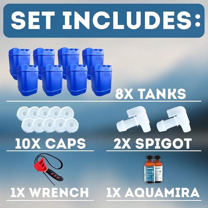 5-Gallon Stackable Water Storage Containers, Water Treatment,5 Gallons Each w/Lids + Spigot, Easy Fill, Survial Supply Emergency Water Storage for Disaster Preparedness, 40 Gallon (8 Tanks)