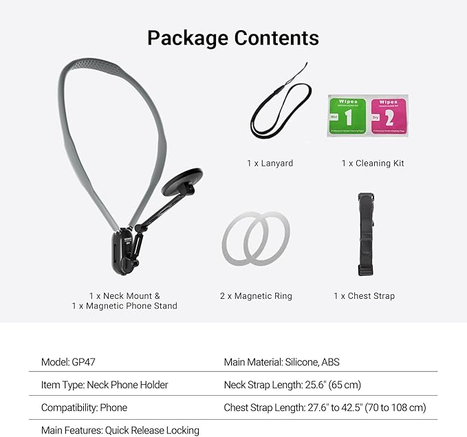 NEEWER Magnetic Phone Neck Holder, Quick Release Cell Phone Chest Mount Stand Adjustable Compatible with MagSafe iPhone Samsung Android, Accessories Kit for POV Vlogging Selfies Video Recording, GP47