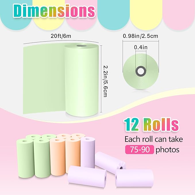 Hikkon 12 Rolls Kids Instant Camera Thermal Print Paper Refill - 3 Colors (Pink, Blue, Yellow) Compatible with Most Children Instant Print Cameras