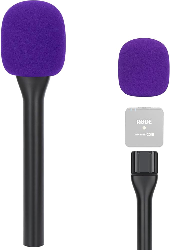 SUNMON Handheld Mic Stand for Rode Wireless Mic with Pop Filter(Purple), Holder for Rode Go 2/Wireless Pro, Interview Microphone Adapter Handheld for Wireless Go/Wireless ME