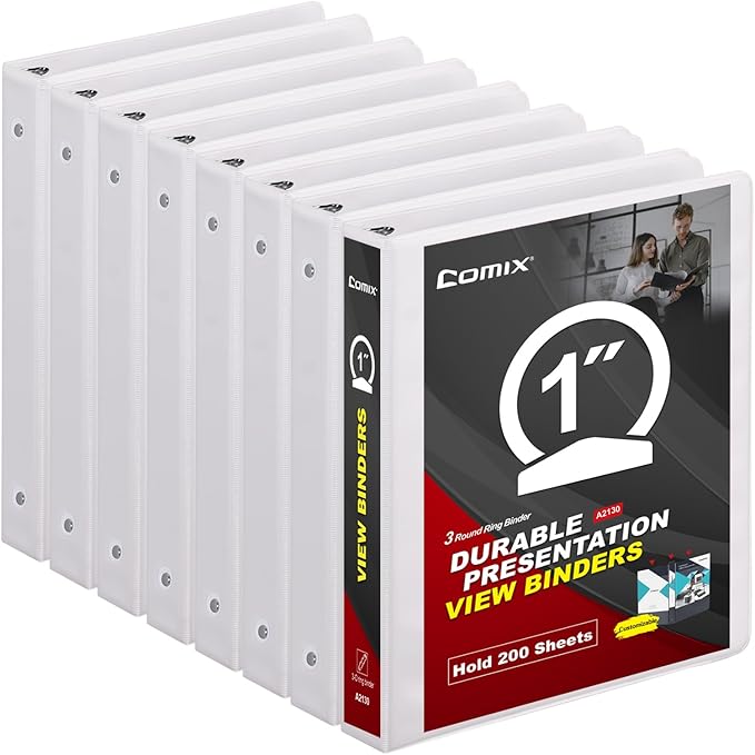COMIX Sturdy 3 Ring Binder 1 inch with Clear View Cover, 1" Round Ring View Binder, PVC-Free, 2.4mm-Thick, 200 Sheets Capacity of US Letter Size Paper, Office ＆ School Supplies, 8 Pack (White)