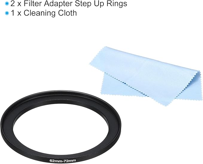 PATIKIL 62mm-72mm Metal Step Up Ring with Cleaning Cloth, 2 Pack Camera Lens Filter Adapter Ring Aluminum Filter Adapter Ring for Camera Lenses Hood, Black