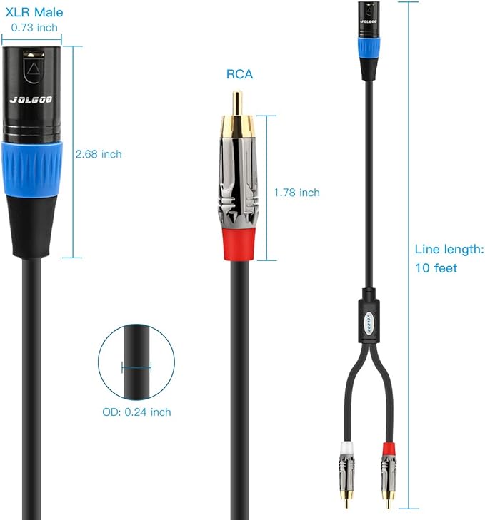 Unbalanced Dual RCA to XLR Male Y Splitter Patch Microphone Cable, 1 XLR Male to 2 RCA Male Y Adapter Cord Cable, 10 Feet