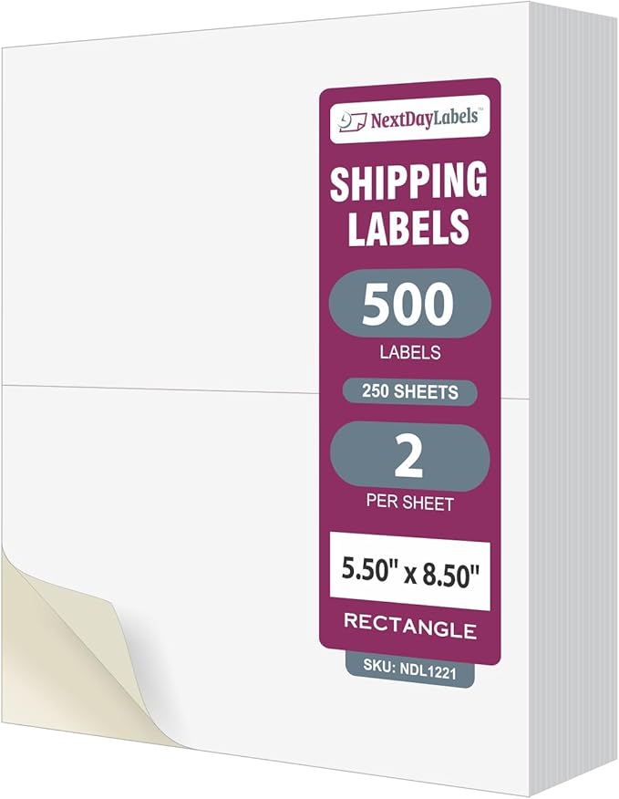 NextDayLabels Half Sheet Shipping Labels 5.5" x 8.5" – Printable Blank Labels for Laser & Inkjet Printers, White Self-Adhesive Stickers, 2 Per Page for Ship, FBA, UPS & FedEx, Made in USA, 250 Pack