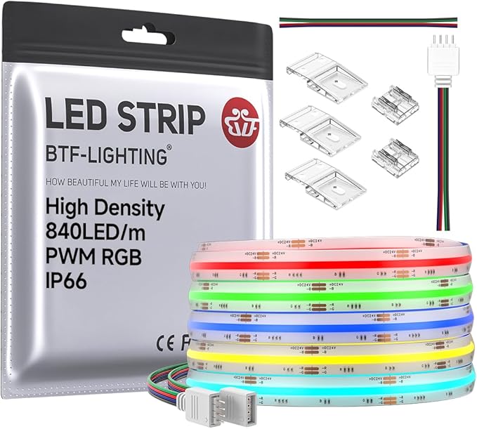 BTF-LIGHTING IP66 RGB FCOB COB LED Strip 16.4FT DC24V 840LED/m Color Changing Flexible High Density Uniform Light 10mm Width for Bedroom Home Indoor Decor(No Adapter or Controller)