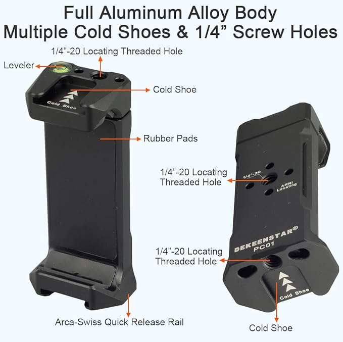 Metal Phone Tripod Adapter Mount with Cold Shoe/Arca-Swiss Quick Release Plate/1/4” Thread Holes, Smart Phone Stand Clamp Holder for Tripod Compatible with iphone 17/16/15/14/13 Pro Max/Samsung