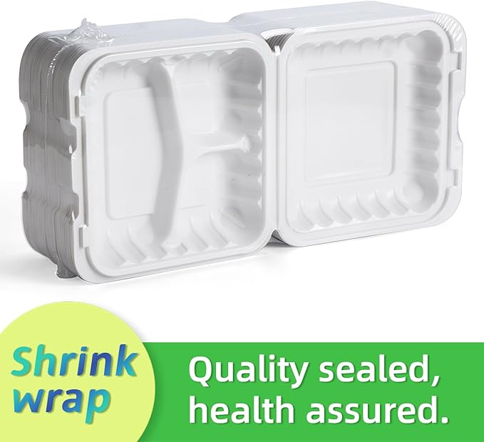 LEOBOX Food Containers Mineral Filled PP Plastic - 7.8 Inch 30oz 65 Pack BPA Free 3 Compartments Shrink Wrap To Go Boxes | Freezer & Microwave Safe for Takeout | White Reusable & Disposable Container