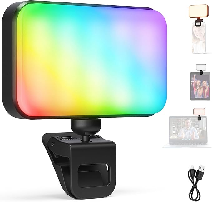 NEEWER Entry Level Version LED RGB Selfie Light, 91 LEDs Plastic Clip on Phone Fill Lighting for iPhone, 20 Effects CRI92 1000mAh, for Computer Webcam Laptop Zoom Video Conference Recording, N6C