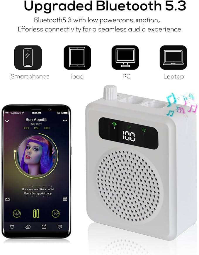 Wireless Voice Amplifier with Lavalier Microphones, Portable Voice Amplifier, Microphone with Speaker, Mini Megaphone with Clip on/Lapel Mic Teacher Microphone for Classroom Speech (White)