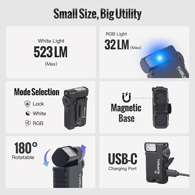 ThruNite T5 Rechargeable EDC Flashlight, RGB & 523 Lumens Cold White LED Flat Mini Flashlight, Waterproof Magnetic Portable Pocket Flashlight, Multi-Mode Keychain Flashlight for Camping, Emergency