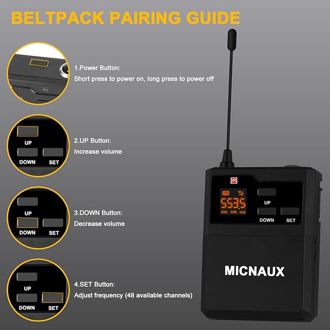 Wireless Lapel Microphone System with Headset & Lavalier Mics, Dual Bodypack Transmitters, Mini Rechargeable Receiver, 48 Channels in 500MHz UHF Band, 260ft Range for Wedding Speech Church