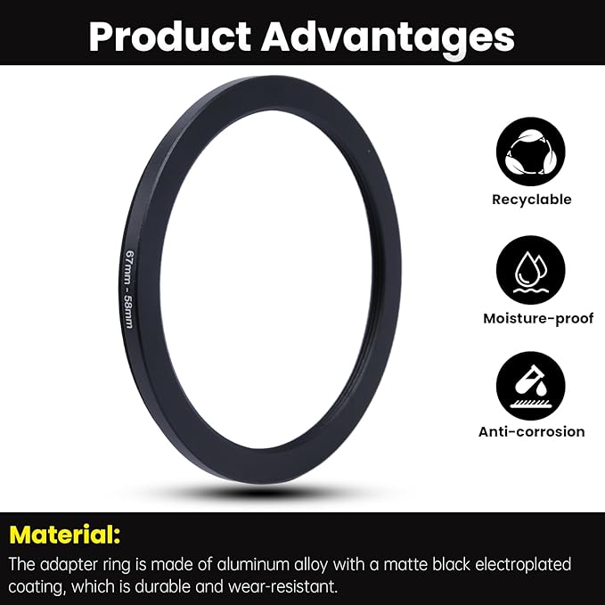 Metal Step Down Ring Filter Adapter - 67mm to 58mm - Metal Ring Step Down Rings Adapter Filter Compatible with All 58mm UV, CPL, ND, Lens Hood, Threaded Lens ect