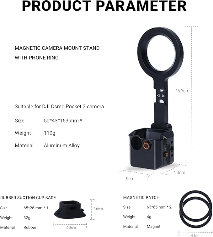 YUANYU Metal Magnetic Mount Cage Non-Slip Silicone Suction Base Mount for Pocket 3 with 360° Rotating Strong Magnetic Mount for DJI Pocket 2/3 Dual Cold Shoe Adapter Compatible with All iPhones