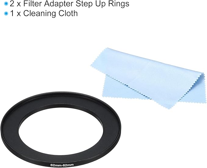 PATIKIL 62mm-82mm Metal Step Up Ring with Cleaning Cloth, 2 Pack Camera Lens Filter Adapter Ring Aluminum Filter Adapter Ring for Camera Lenses Hood, Black