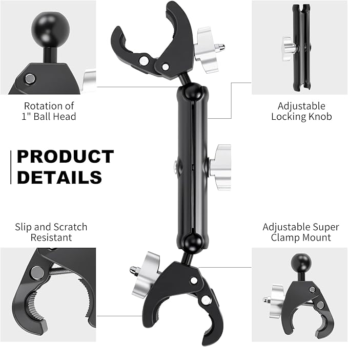 Double Super Clamp Camera/Umbrella Mount,360° Magic Long Arm Pole Clamp,Double Ball Head Adapter for Photo Studio Light Stand,Gopro,Golf Carts,Motorcycle,Cross Bars,Strollers (Black)