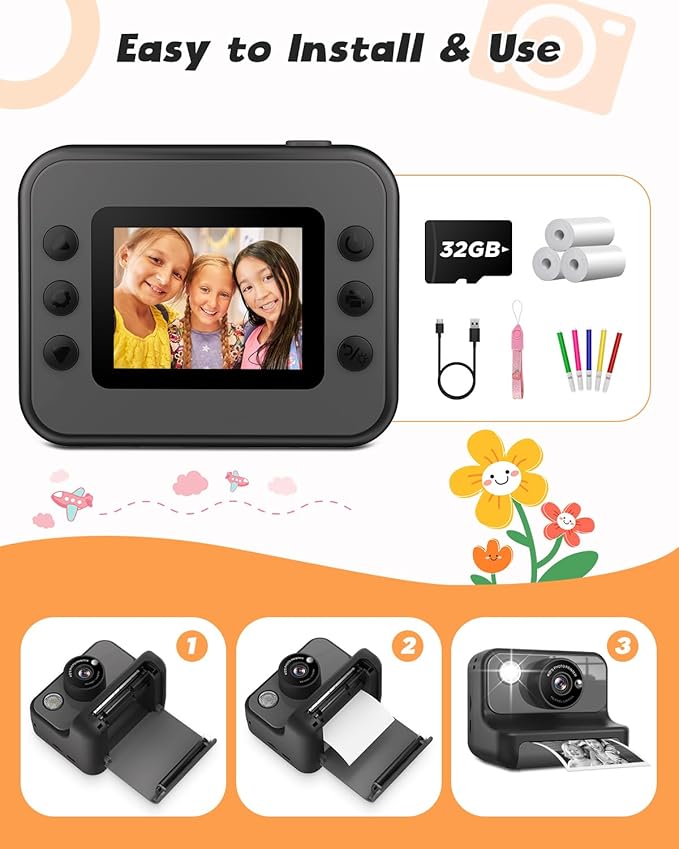 Instant Print Camera for Kids, 1080P Digital Video Cameras, Christmas Birthday Gifts Toys for Age 3-12, Toddler Camera for 4 5 6 7 8 9 10 Year Old Boys - Black