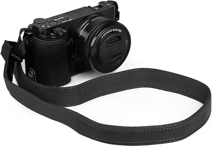 MegaGear Ever Ready Genuine Leather Camera Half Case Compatible with Sony ZV-E10 (Black)