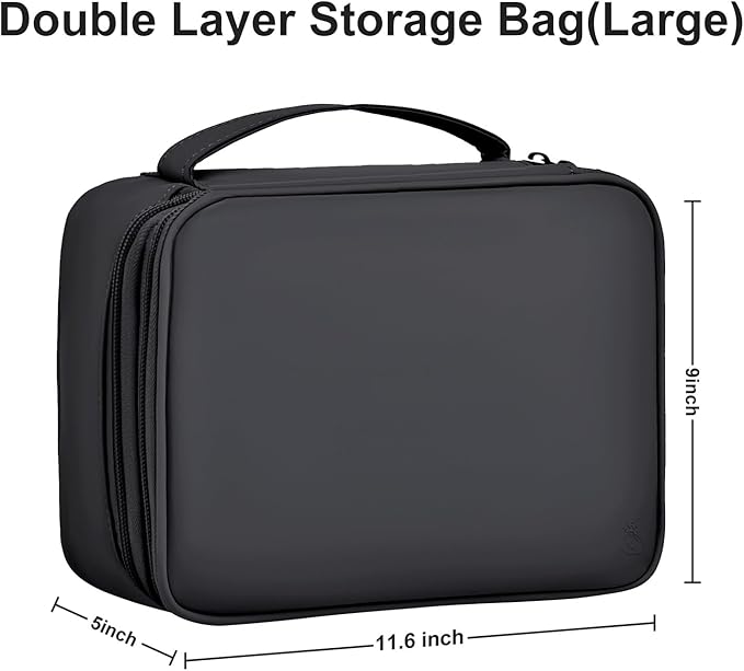 Large Capacity Electronics Accessories Organizer Travel Case with Adjustable Divider Waterproof Leather Cord Shockproof Tech Organizer Bag (Black, Double Layer-Large)