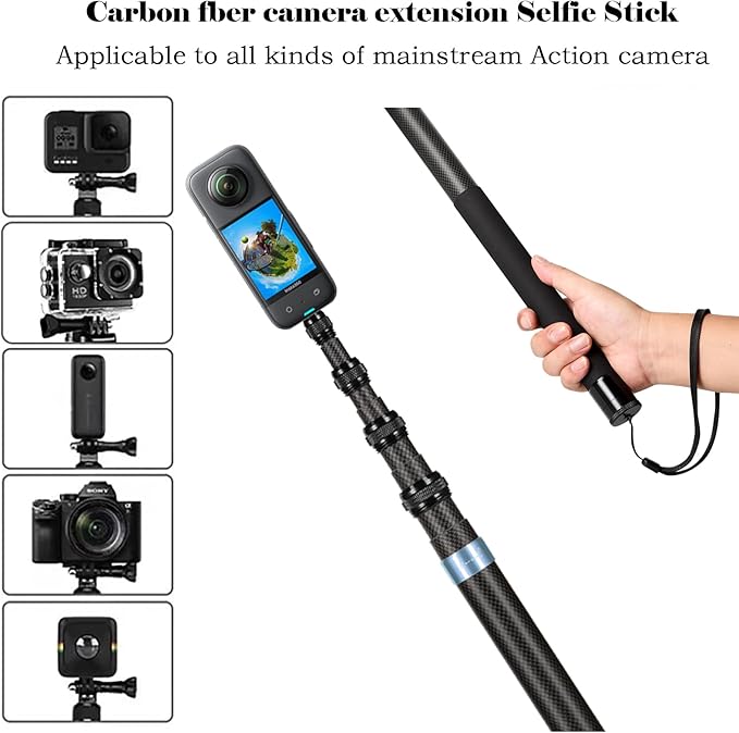 118 Inch/3m Carbon Fiber Invisible Extension Selfie Stick for Insta360 Insta 360 X5/X4/X3/X2/ONE RS Action Camera Accessories (Blue)