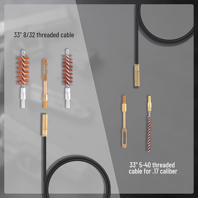 BOOSTEADY Gun Cleaning Kit .17 .22/.223/5.56MM .243 .280 .30 .357/9MM .40 .45 12GA Multi-Caliber Phosphor Bristle Bore Brushes with Flexible Threaded Bore Cleaning Coated Cables in Zippered Case