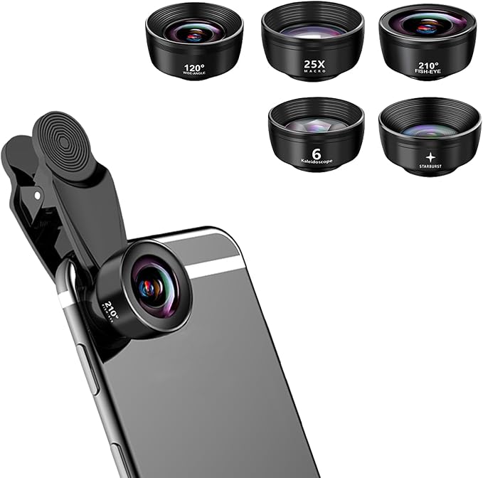 5-in-1 Smartphone Lens Kit-120° Wide-Angle,210° Fisheye,25X Macro,Starburst Filter,Hexagonal Kaleidoscope-Compatible with iPhone/Android/Cellphone and Tablet