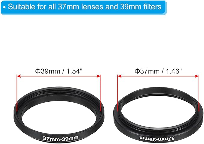 PATIKIL 37mm-39mm Metal Step Up Ring with Cleaning Cloth, 2 Pack Camera Lens Filter Adapter Ring Aluminum Filter Adapter Ring for Camera Lenses Hood, Black