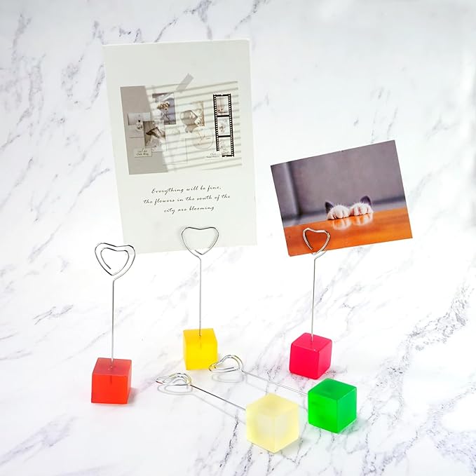 10 pcs Paper Clip Hoder for Desk, Table Number Card Hoders Polaroid Photo Clip Stand for Postcard Picture Memo Menu Monmory Photo Christmas Wedding Number Card Display with Colorful Cube Base