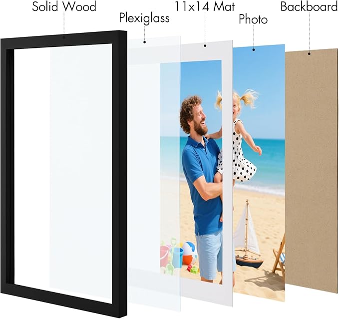 Vittanly 12x16 Picture Frame, Made of Solid Wood and Shatterproof Plexiglass, Display Pictures 11x14 with Mat or 12x16 without Mat, Wooden Photo Frame for Wall Mounting, Black, 1 Pack