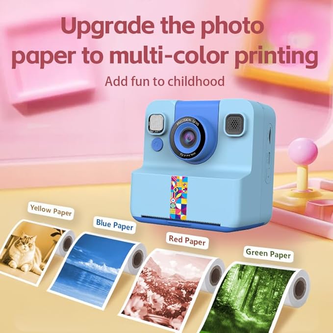 Children's Instant Printing Camera, 1080p Video Recording Children's Instant Cameras, 180 ° Rotating Selfie Lens, 1 Roll of Printing Paper, Toy Gifts for Boys and Girls Aged 3-12