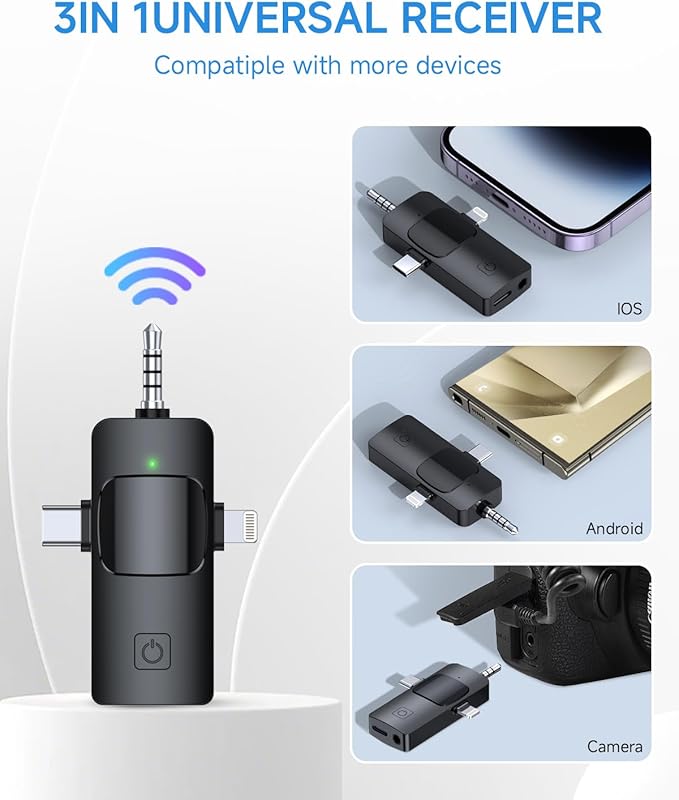 PQRQP Mini Microphone for iPhone - 3 in 1 Wireless Microphones for iOS/Android/Camera, Studio-Quality Audio, Plug & Play Clip Mic for Video Recording Podcast