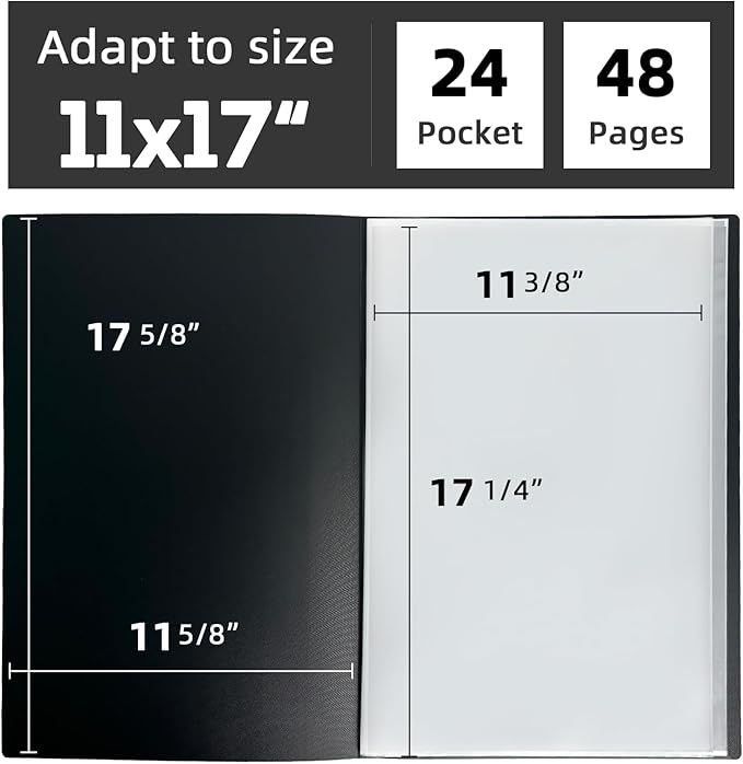 JJRING 11x17 Art Portfolio Folder with Plastic Sleeves, 24-Pocket Portfolio Binder Displaying 48 Pages, Presentation Book with Black Inner Paper for Artwork Storage, Black
